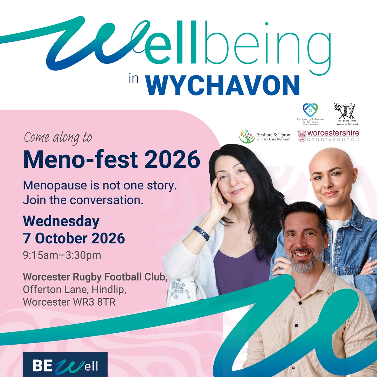 A graphic with three people smiling at the camera and details of the menofest event in text next to them